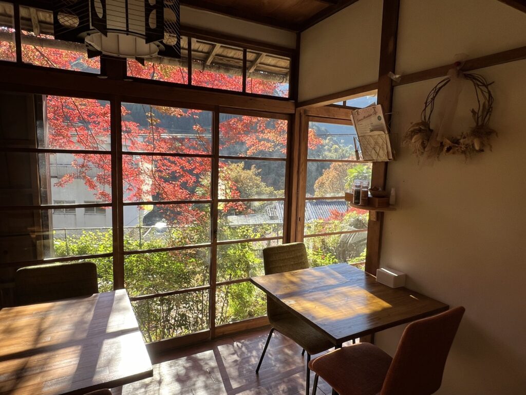 紅葉の季節の窓際テーブル席